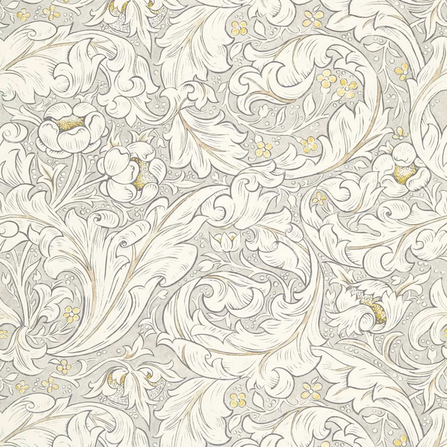 Horned Poppy Grey fabric with pale acanthus leaves, flowers and yellow sprigs