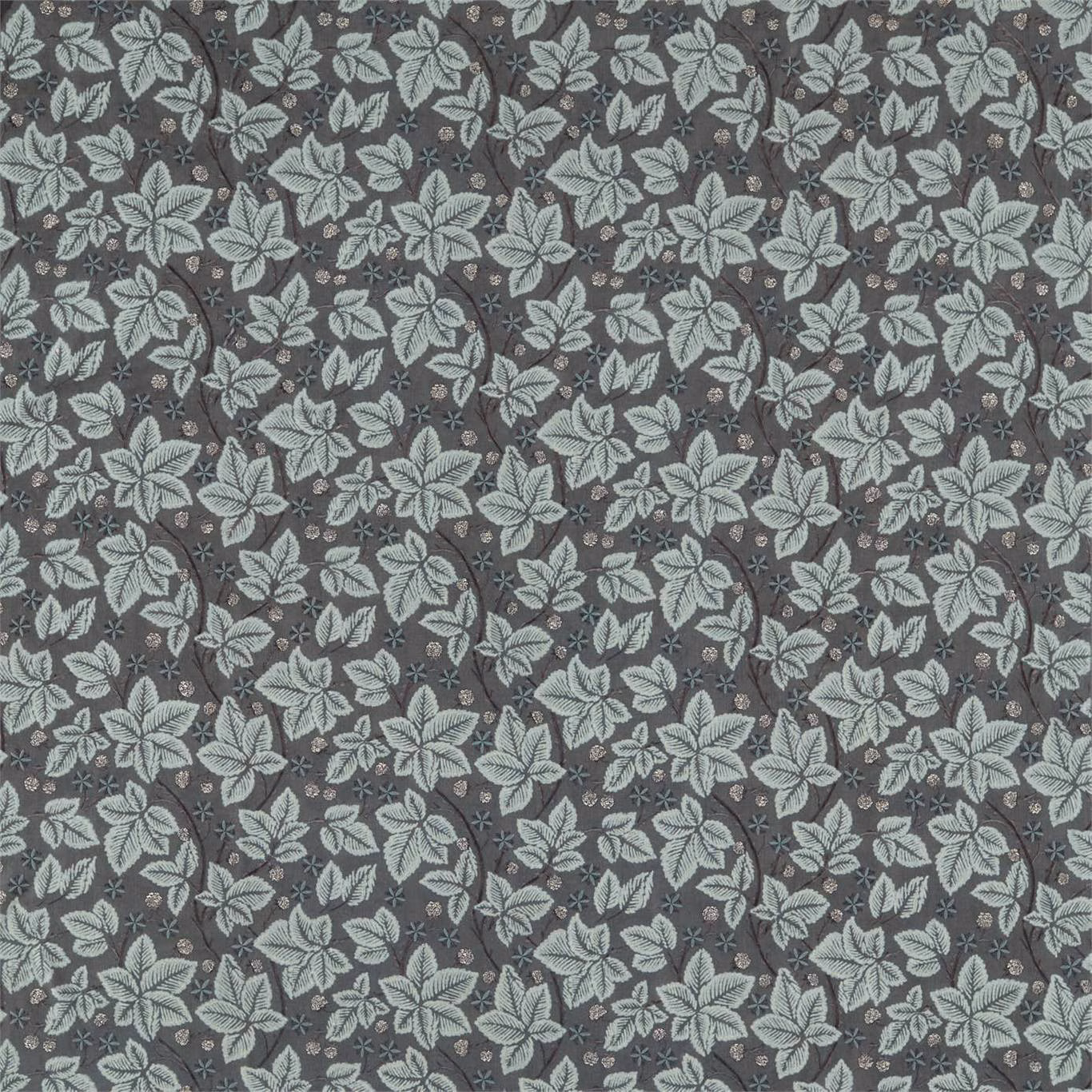 Inky purple embroidered fabric with pale blue-grey bramble leaves and tiny flowers