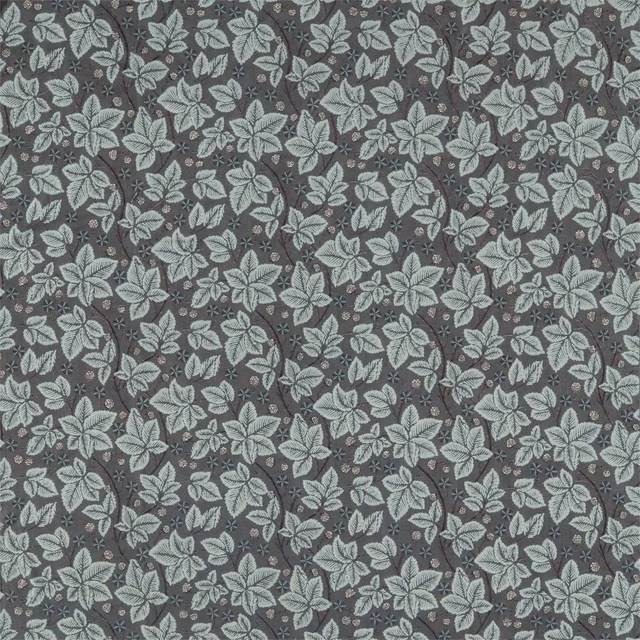 Inky purple embroidered fabric with pale blue-grey bramble leaves and tiny flowers
