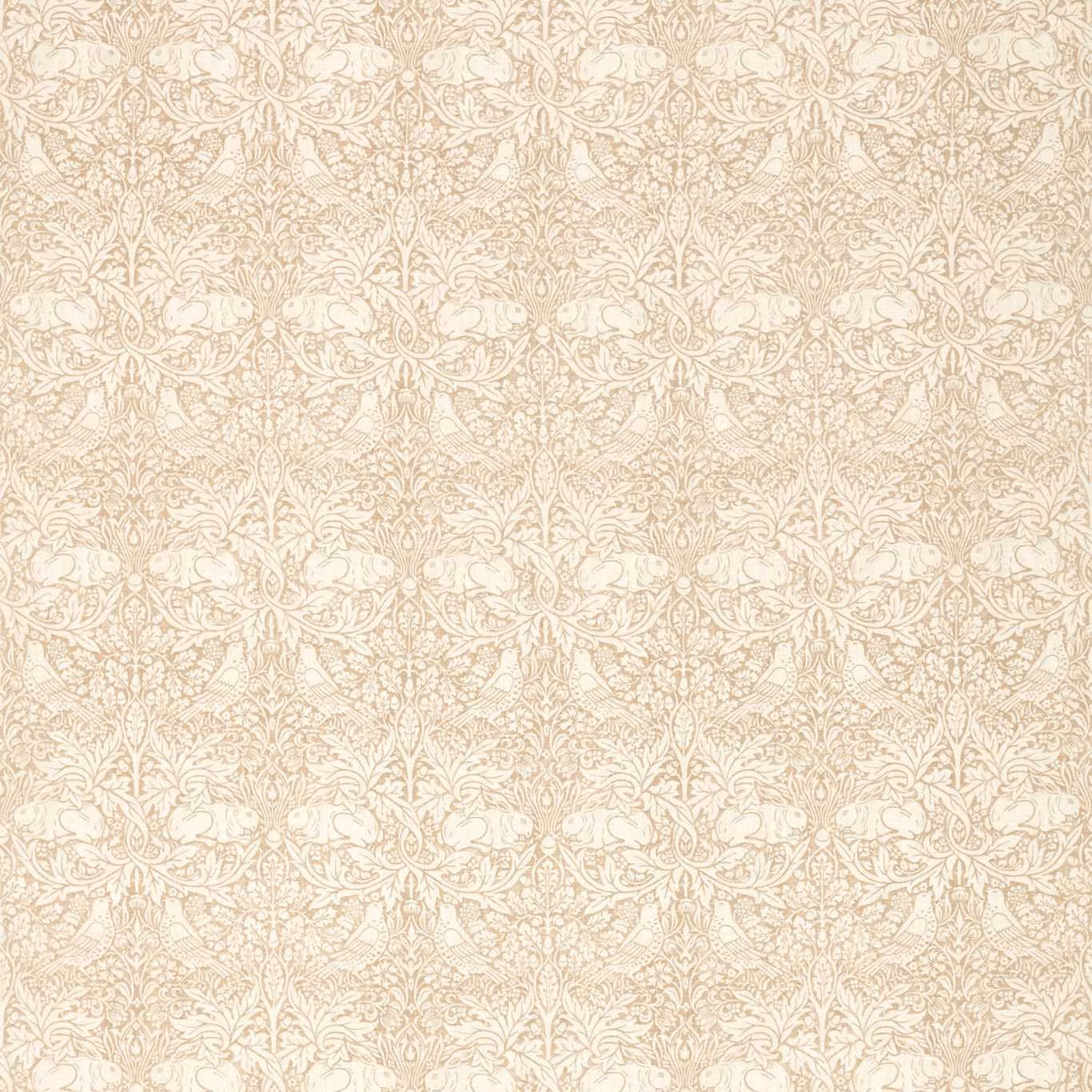 Pale flax-beige fabric with cream rabbits, scrolling leaves and dense botanical pattern