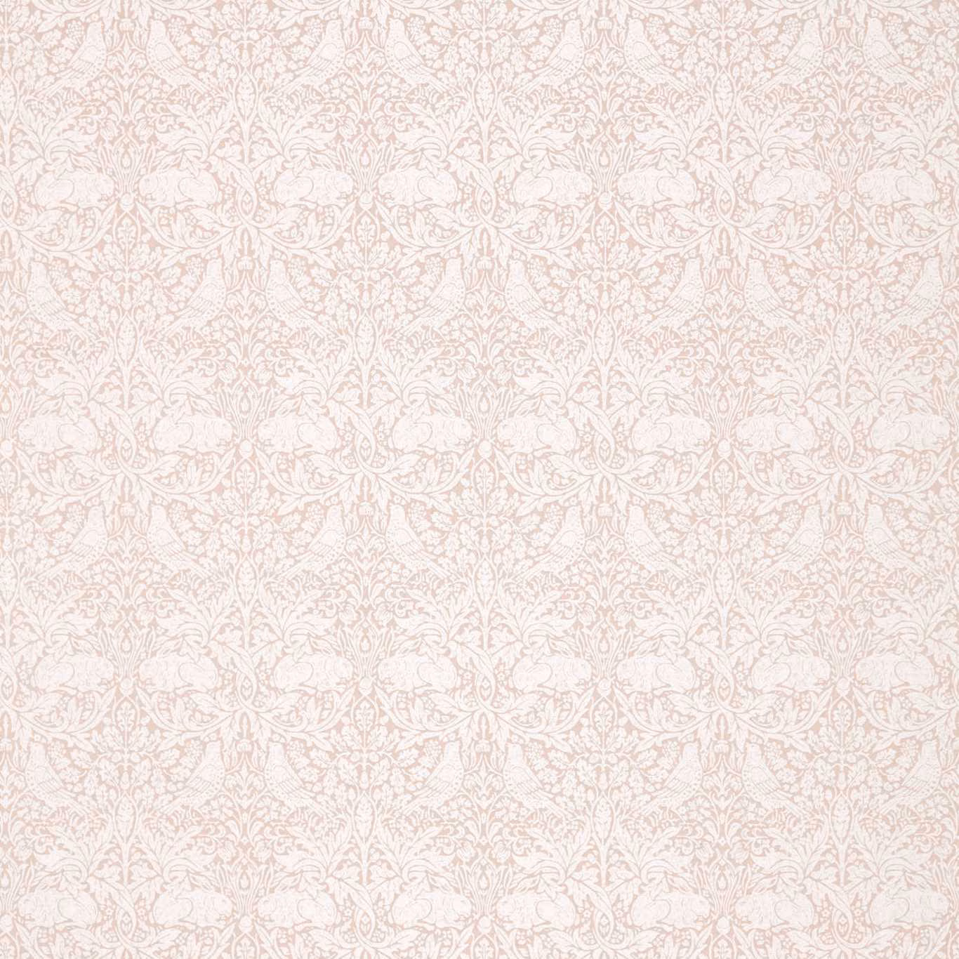 Faded sea-pink floral scrolls woven over a pale ivory ground