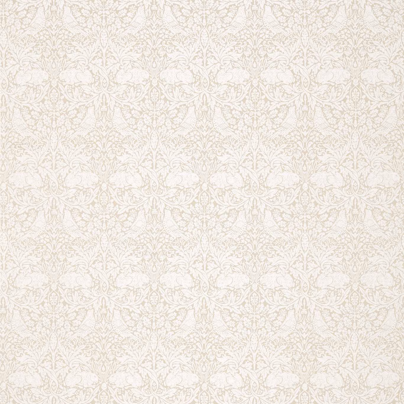 Warm ivory flax fabric with delicate beige rabbits, foliage and fine woven texture
