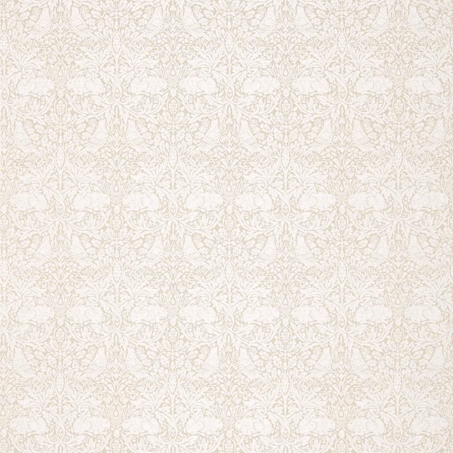 Warm ivory flax fabric with delicate beige rabbits, foliage and fine woven texture