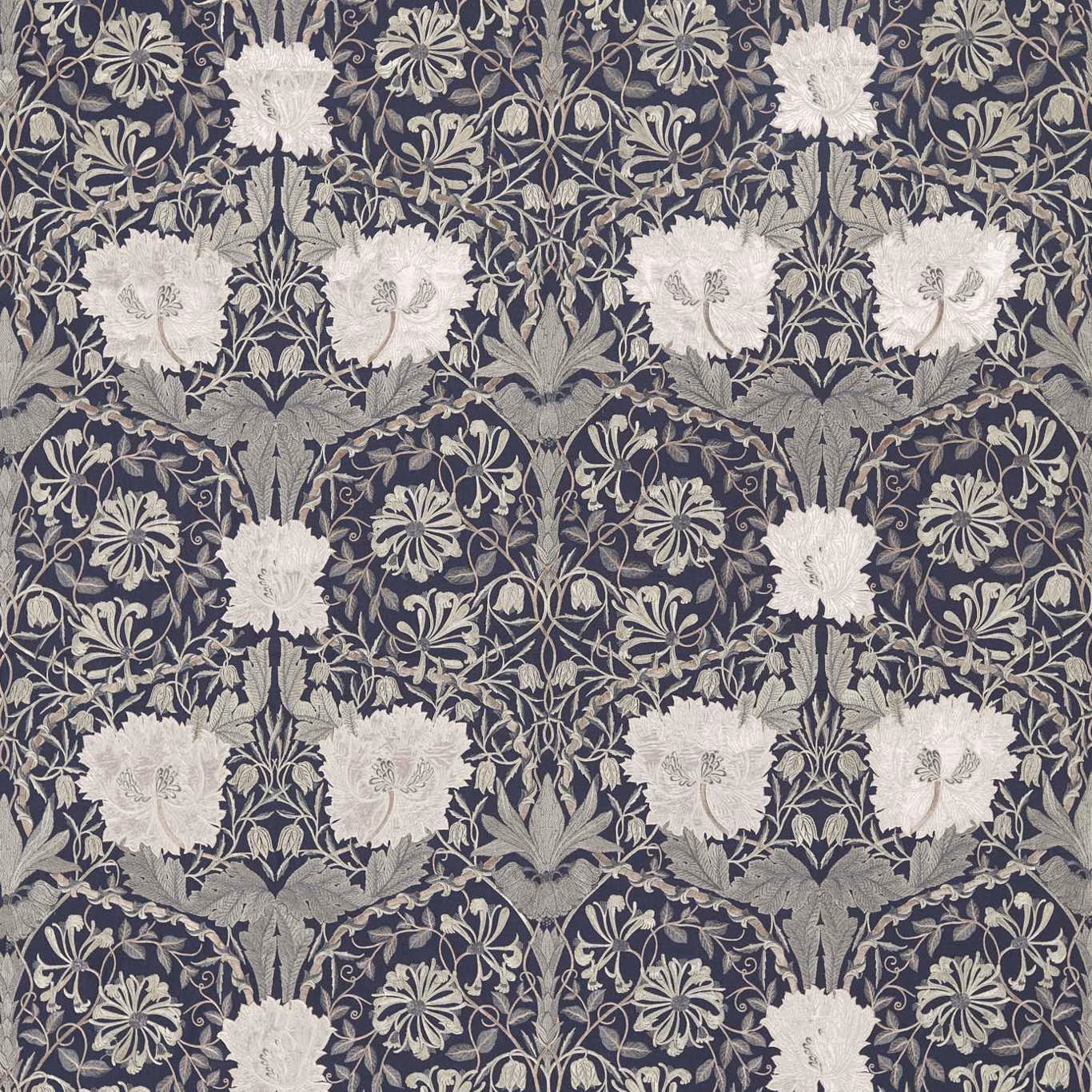 Inky purple embroidered floral fabric with ivory blooms and grey curling foliage