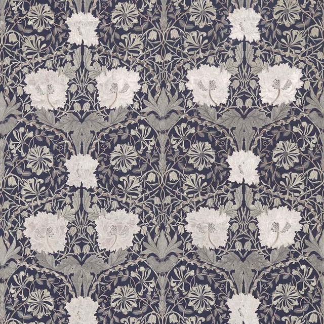 Inky purple embroidered floral fabric with ivory blooms and grey curling foliage