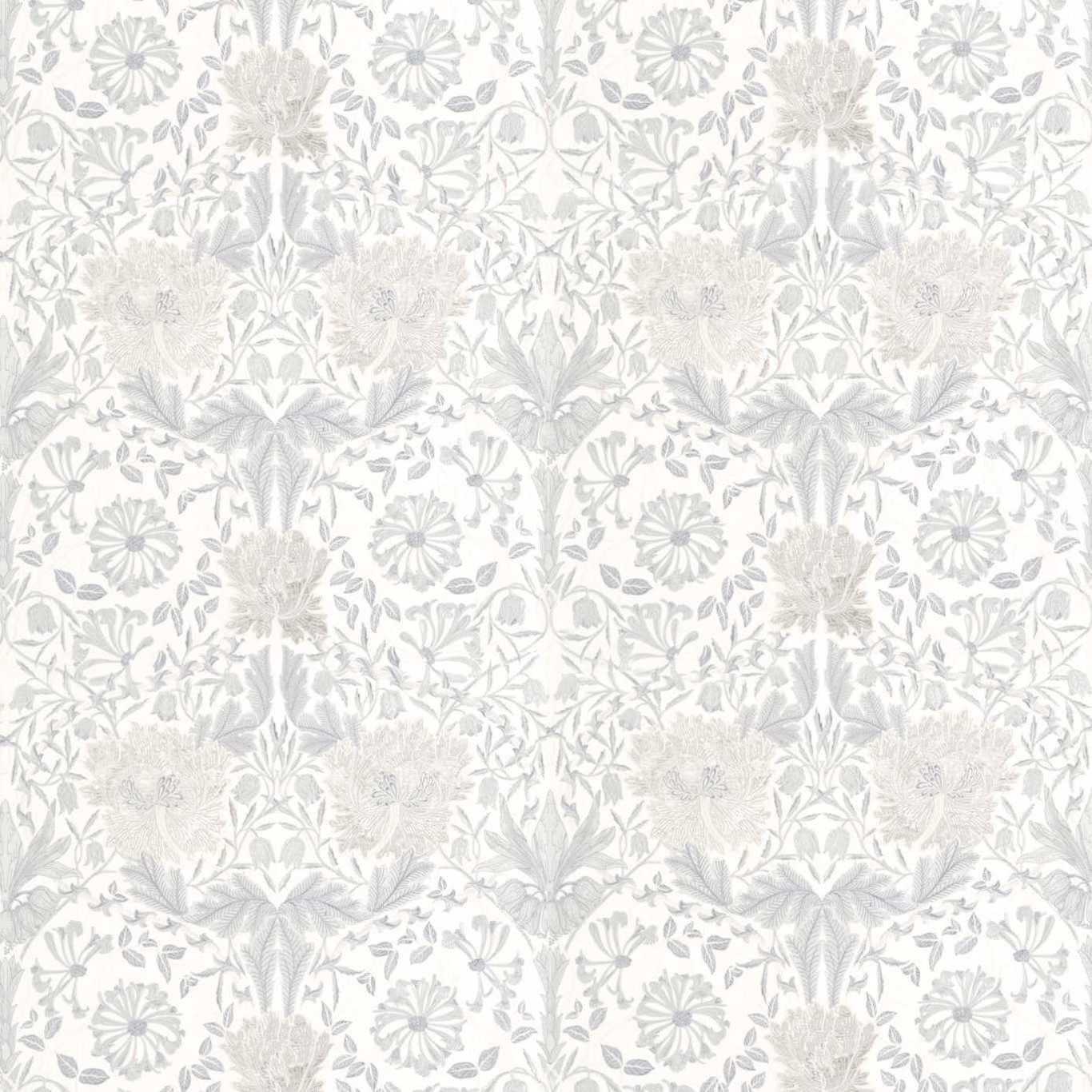 Pale dove-grey honeysuckle and tulip embroidery on a softly ivory ground