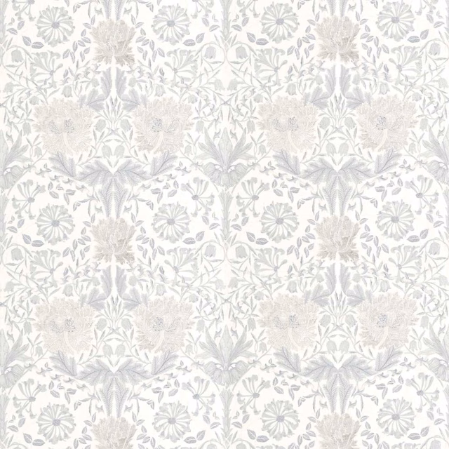 Pale dove-grey honeysuckle and tulip embroidery on a softly ivory ground