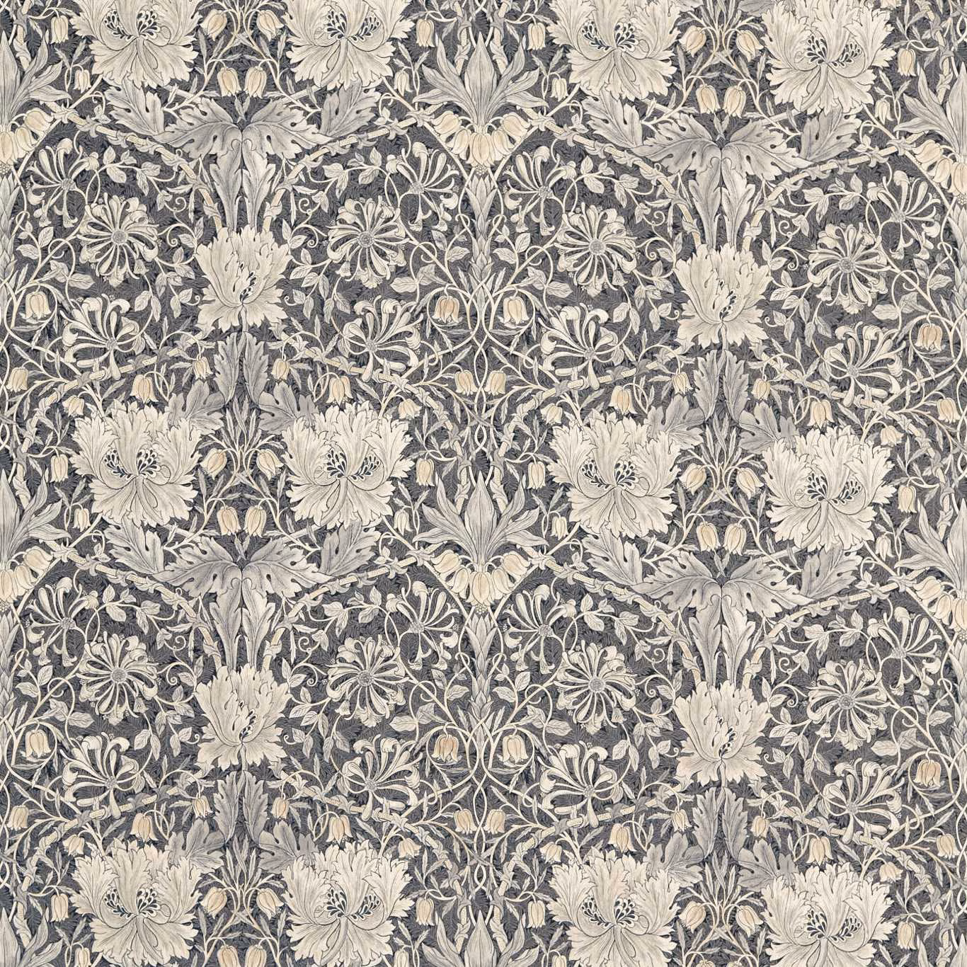 Grey-black floral fabric with ivory honeysuckle blooms and pale curling leaves