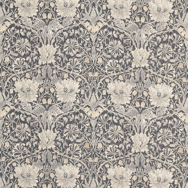 Grey-black floral fabric with ivory honeysuckle blooms and pale curling leaves