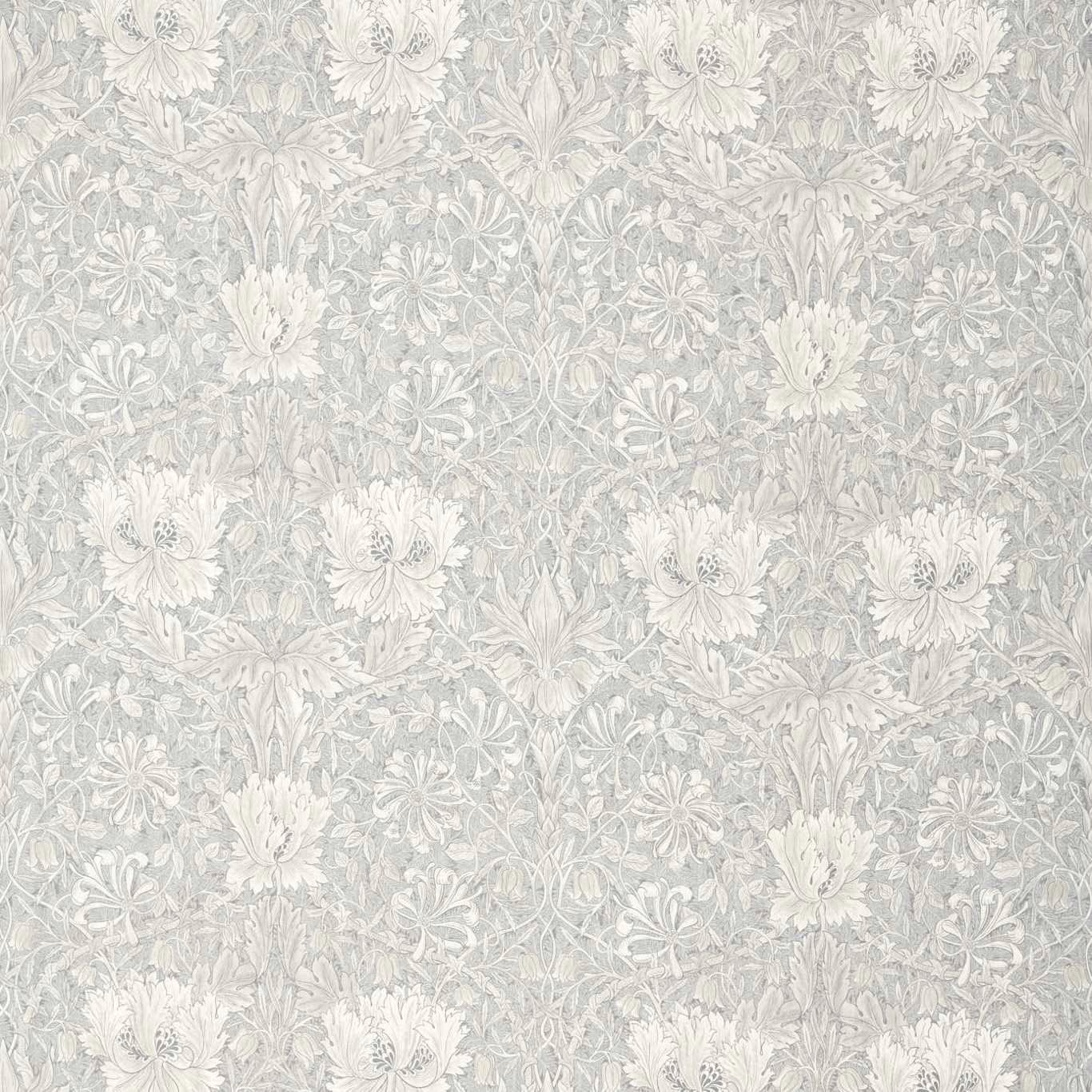 Pale blue-grey floral fabric with ivory honeysuckle and tulip blooms