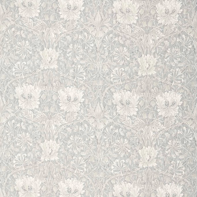 Pale blue-grey floral fabric with ivory honeysuckle and tulip blooms