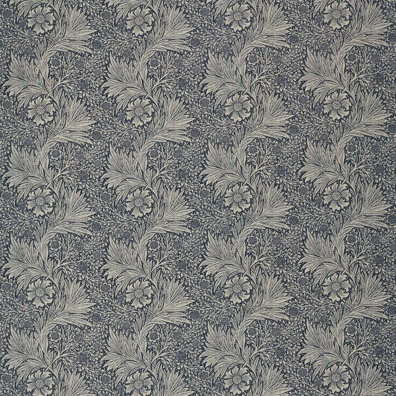 Charcoal botanical textile with pale marigold leaves and finely detailed floral sprigs
