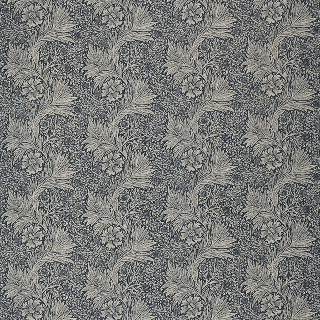 Charcoal botanical textile with pale marigold leaves and finely detailed floral sprigs