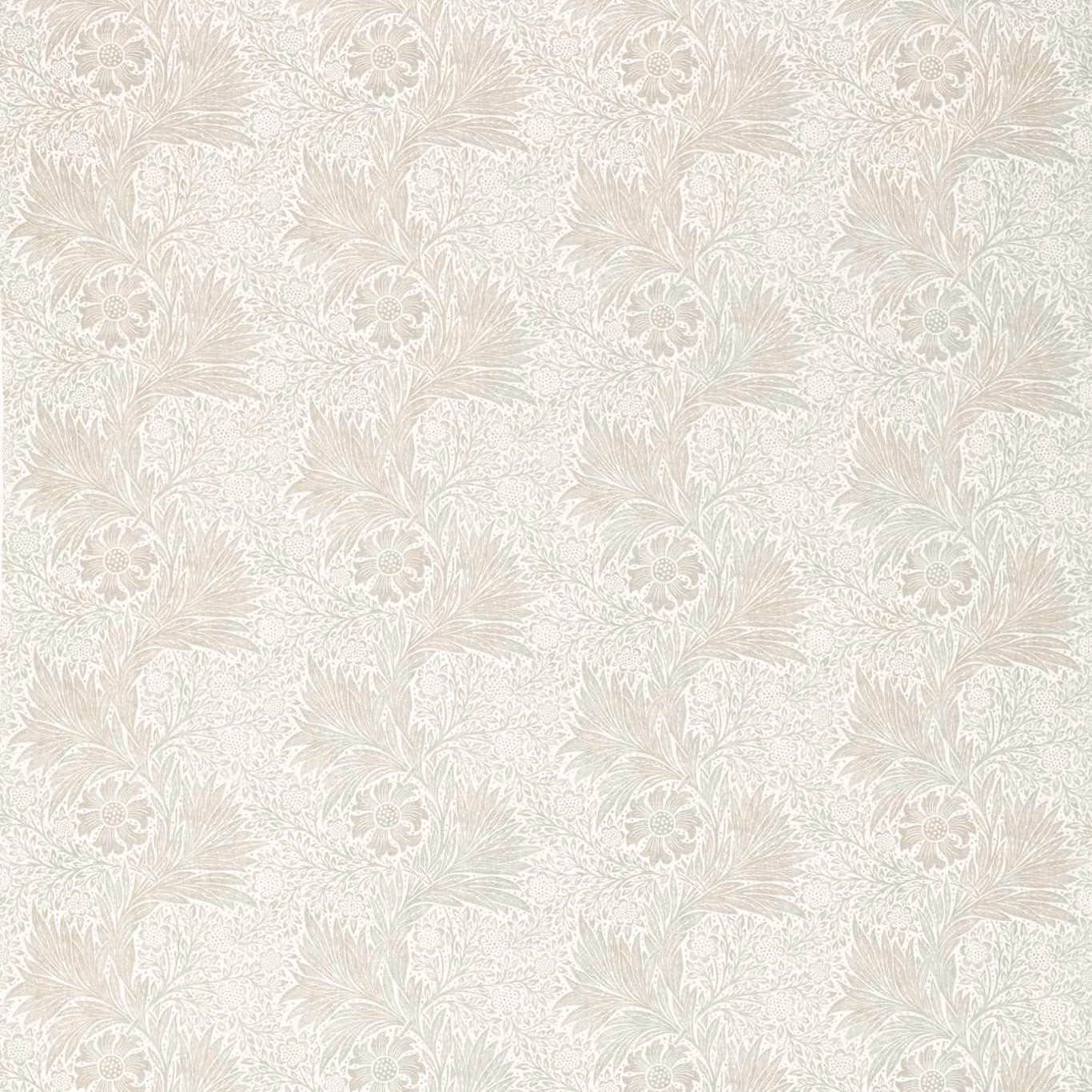 Light grey textile with white marigold medallions and feathery foliage