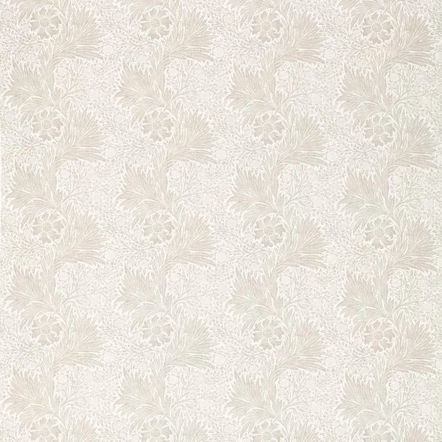 Light grey textile with white marigold medallions and feathery foliage