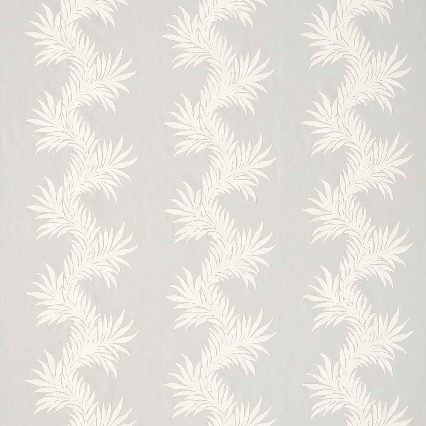 Pale cool grey fabric with ivory-white vertical botanical leaf trails and a softly woven ground