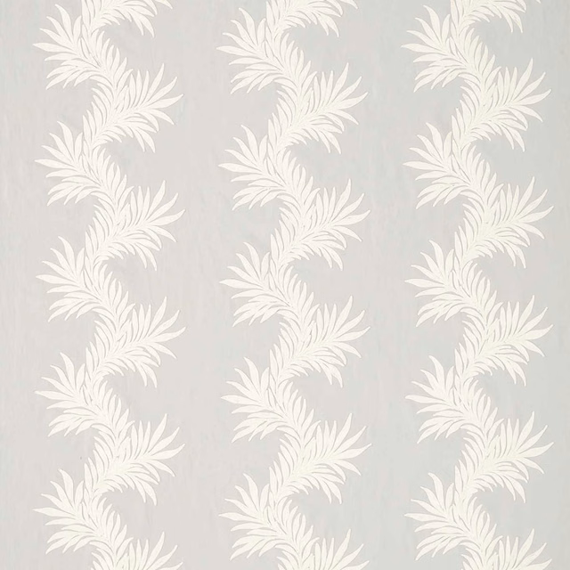Pale cool grey fabric with ivory-white vertical botanical leaf trails and a softly woven ground