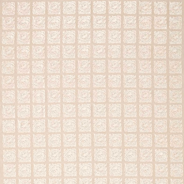 Flax-beige embroidered ground with repeating ivory scroll squares in neat rows