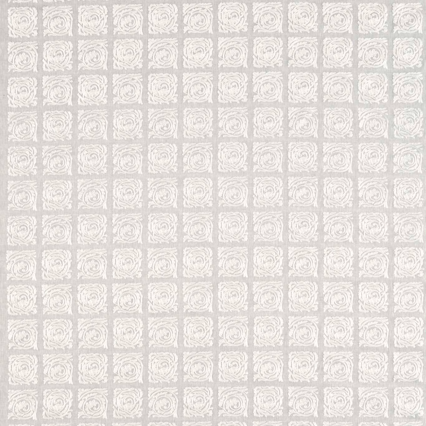 Pale cool grey fabric with repeated ivory embroidered scroll squares in a neat grid