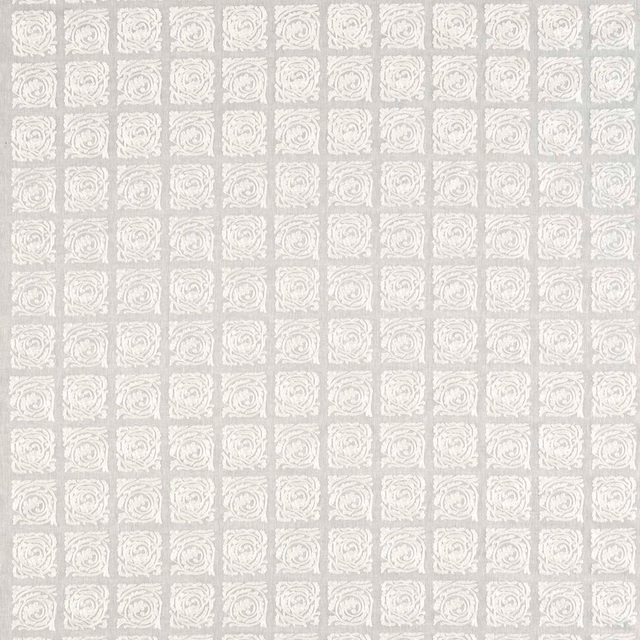 Pale cool grey fabric with repeated ivory embroidered scroll squares in a neat grid