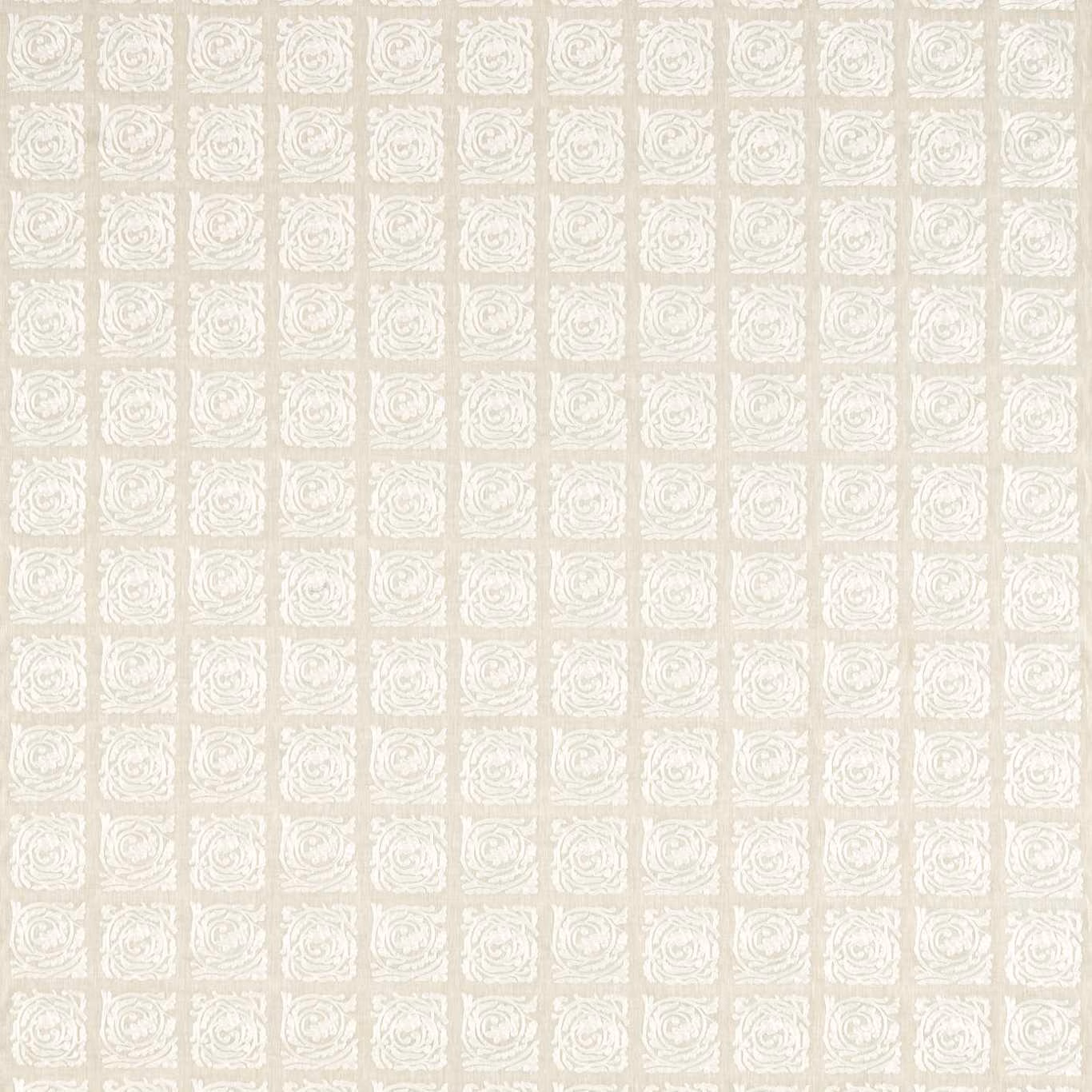 Soft ivory linen with white embroidered scrolls in small square repeats