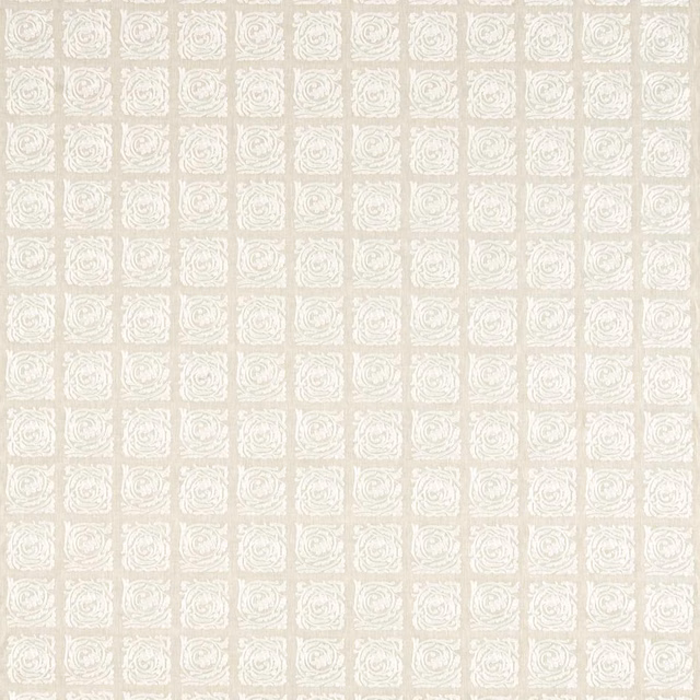 Soft ivory linen with white embroidered scrolls in small square repeats