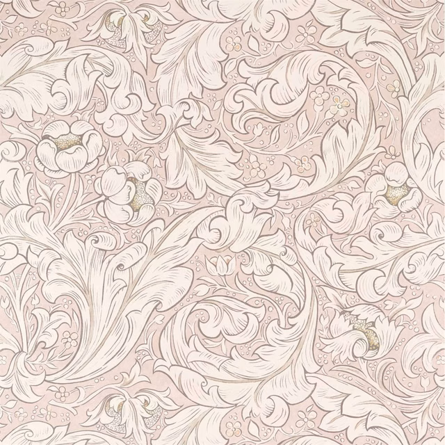 Faded sea-pink wallpaper with ivory Morris flowers, curling leaves and taupe-grey outlines