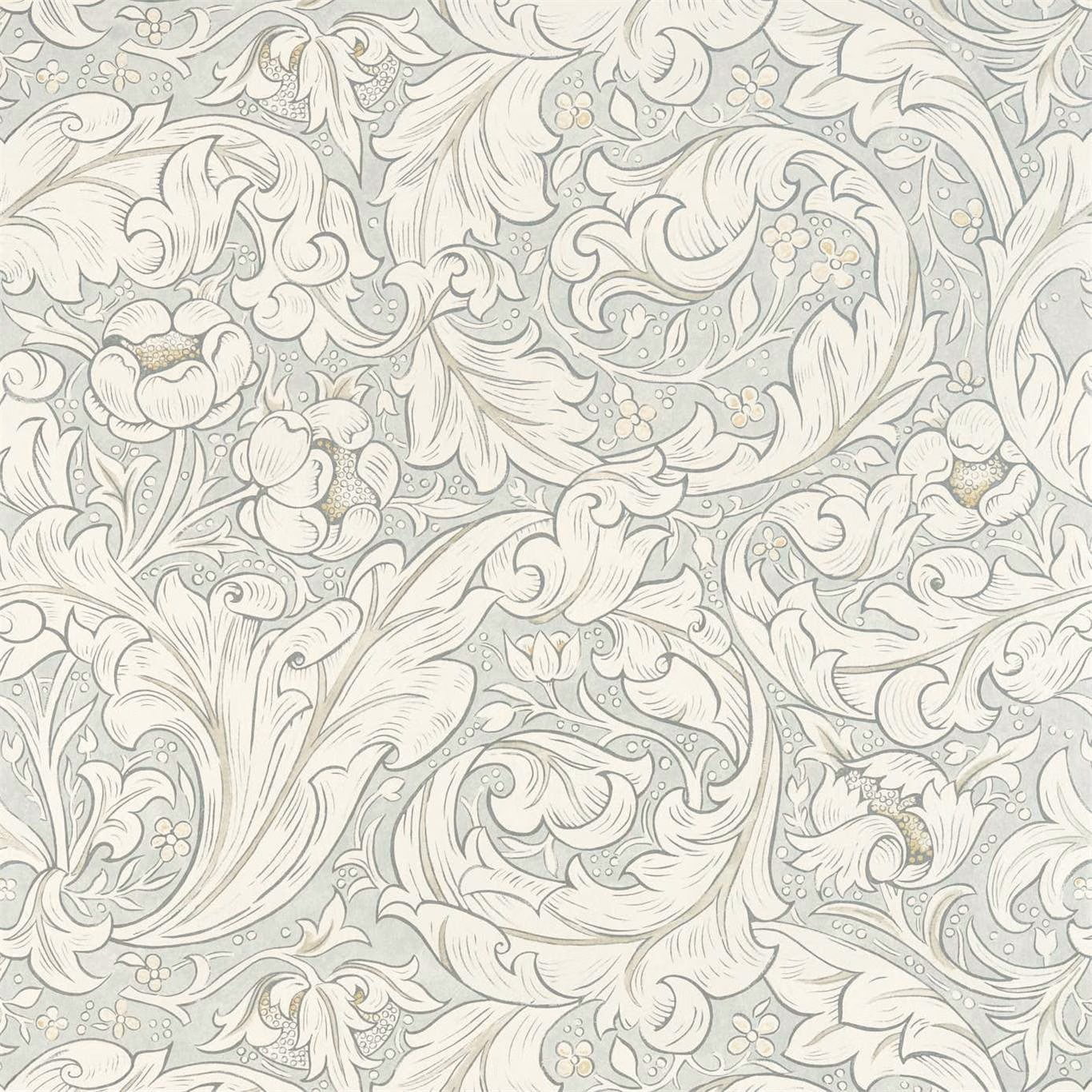 Pale grey-blue wallpaper with ivory acanthus leaves, curling stems and small flowers