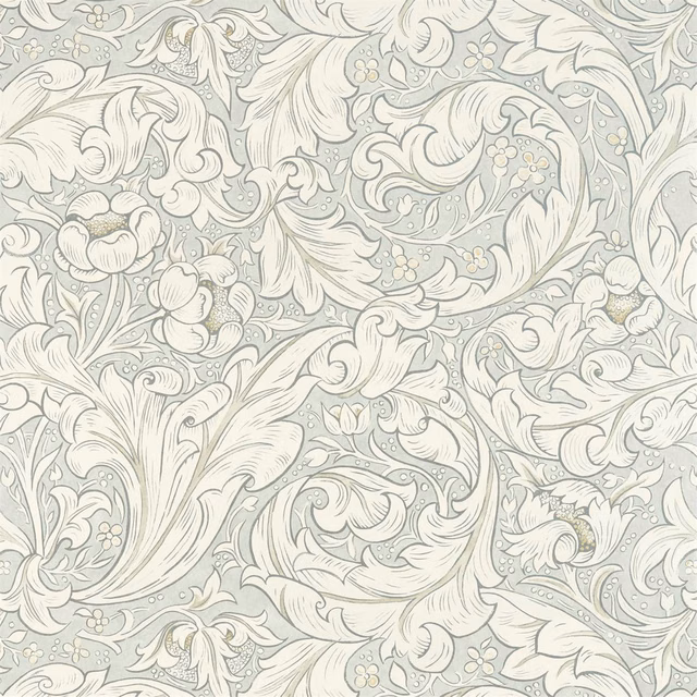 Pale grey-blue wallpaper with ivory acanthus leaves, curling stems and small flowers