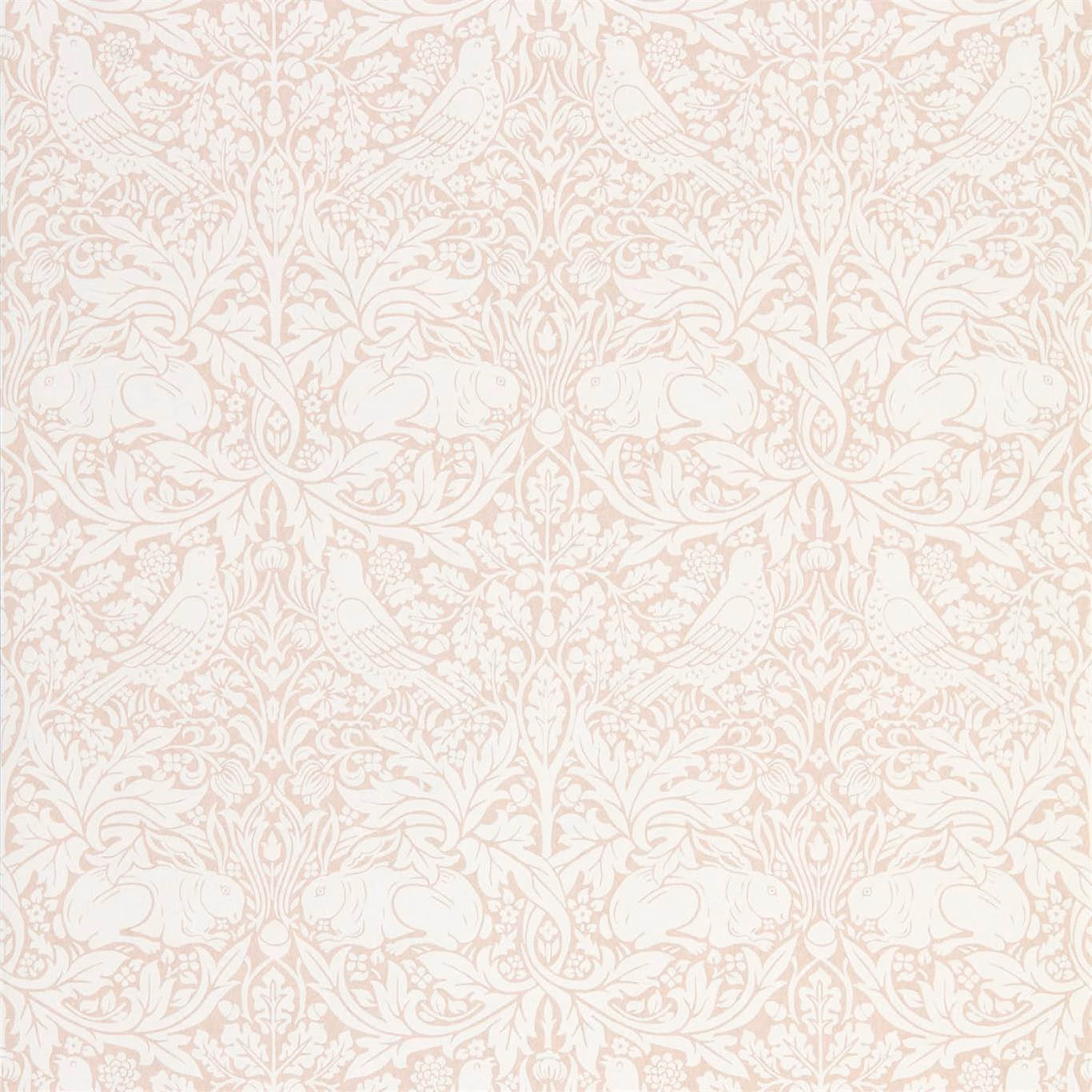 Faded sea-pink rabbits and birds among ivory scrolling botanical foliage