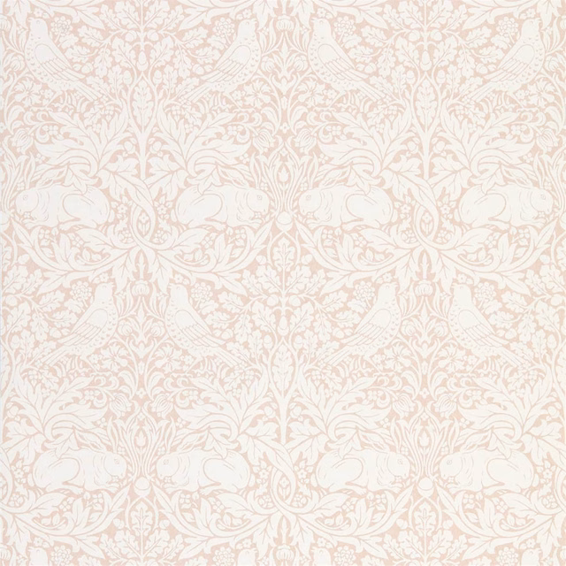 Faded sea-pink rabbits and birds among ivory scrolling botanical foliage
