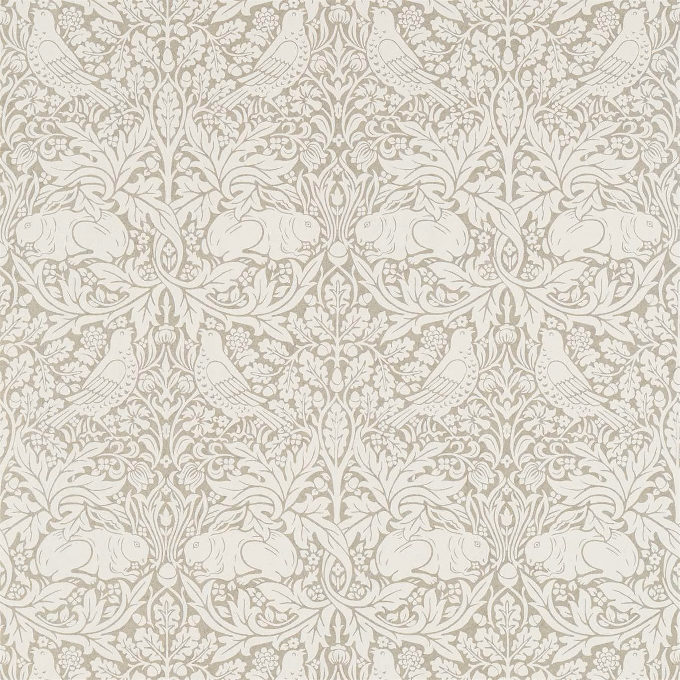Greige wallpaper with ivory rabbits, birds and intricate scrolling botanical foliage