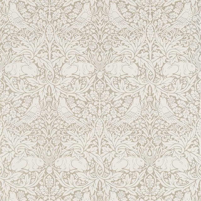 Greige wallpaper with ivory rabbits, birds and intricate scrolling botanical foliage