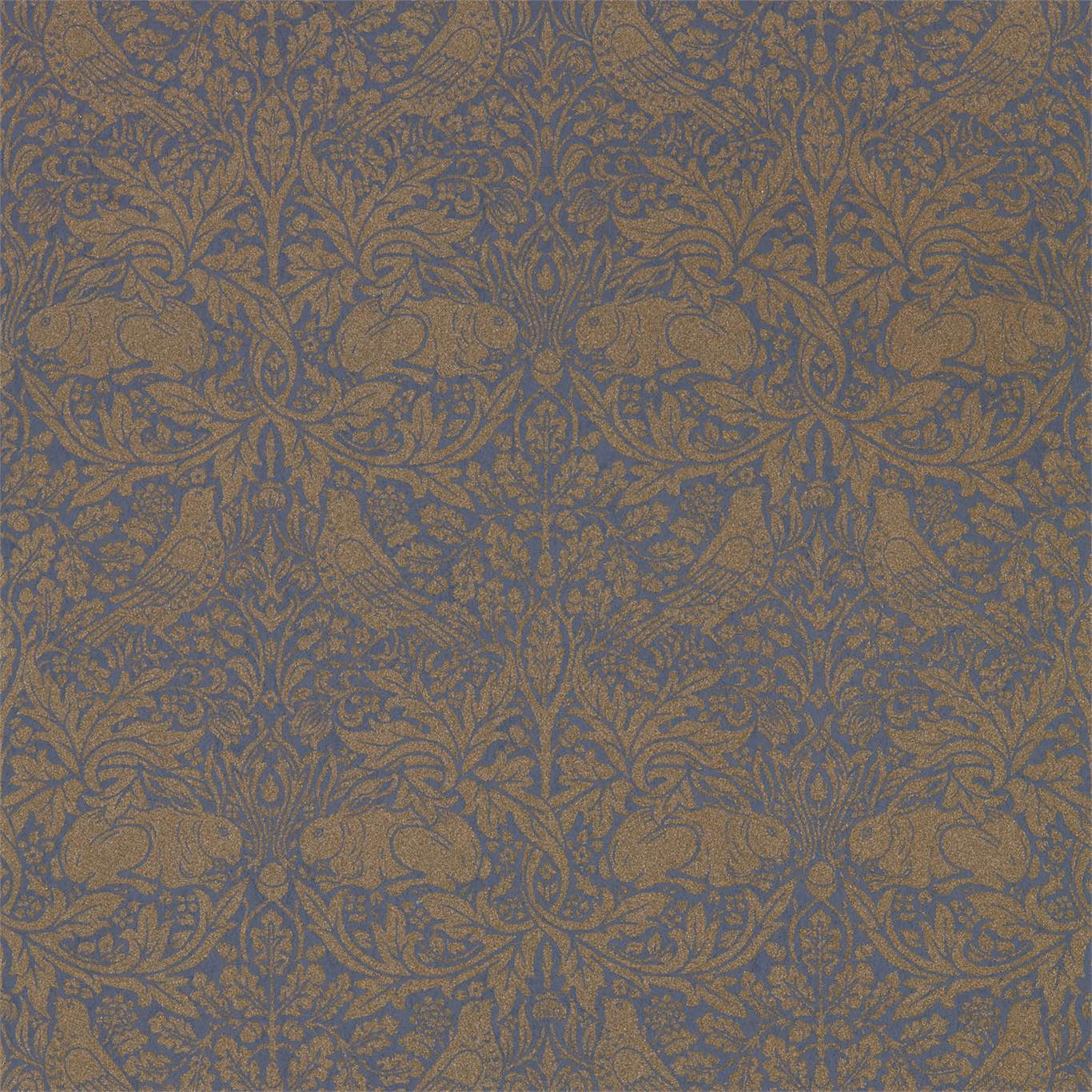 Ink-blue wallpaper with muted gold rabbits, scrolling leaves and dense Morris foliage
