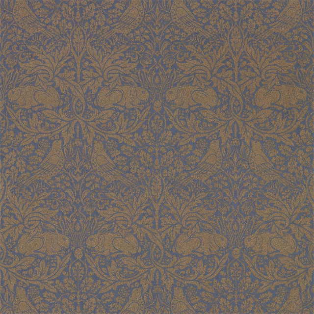 Ink-blue wallpaper with muted gold rabbits, scrolling leaves and dense Morris foliage