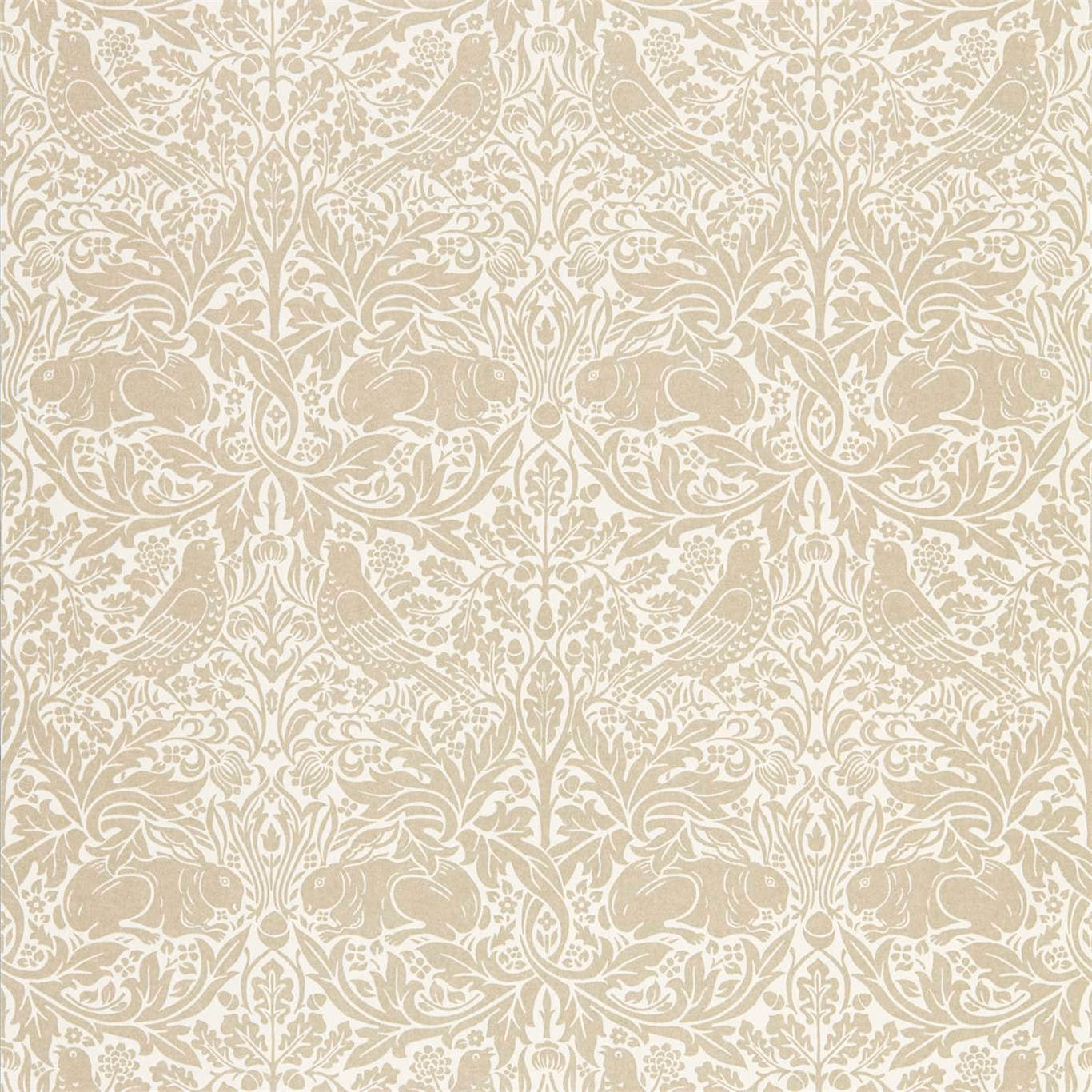 Warm taupe rabbits and birds among cream scrolling botanical wallpaper