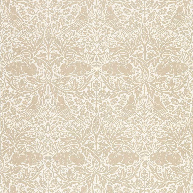 Warm taupe rabbits and birds among cream scrolling botanical wallpaper