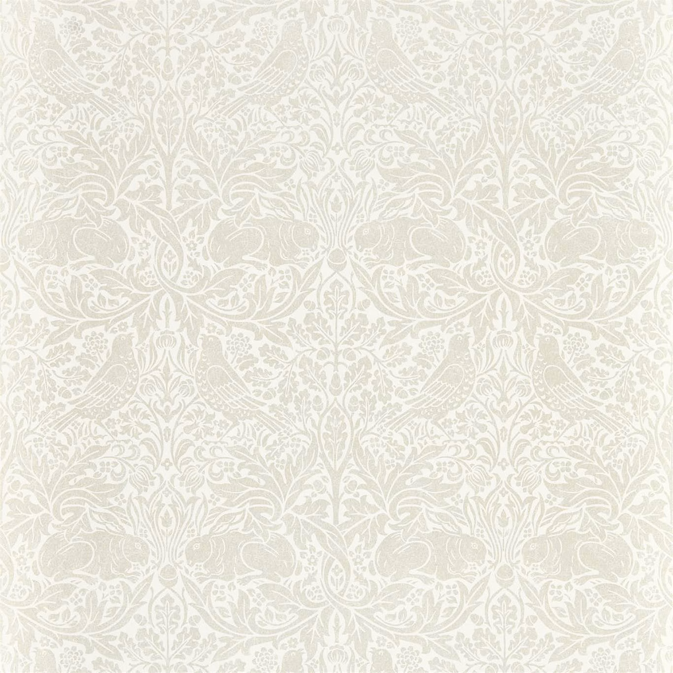 Ivory wallpaper with pale grey rabbits, birds, flowers and curling foliage