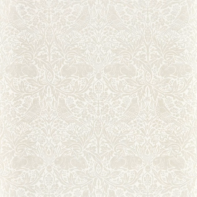 Ivory wallpaper with pale grey rabbits, birds, flowers and curling foliage