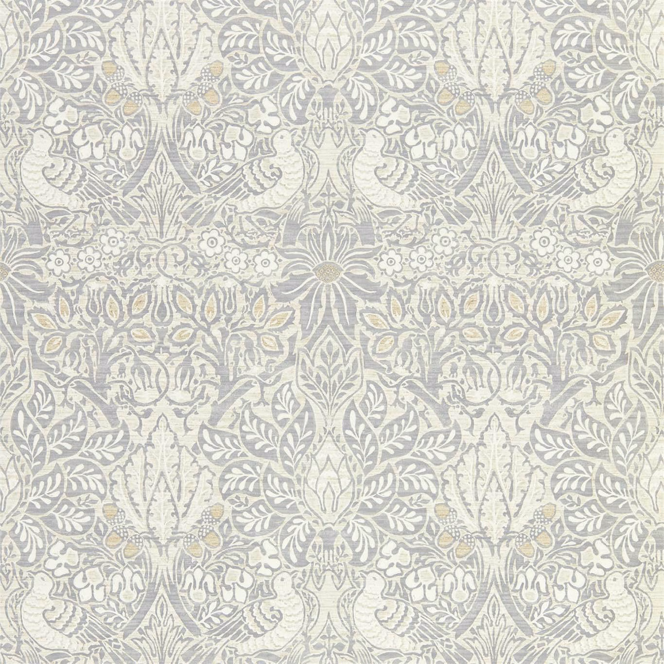 Pale dove-grey wallpaper with ivory Morris florals and muted blush details
