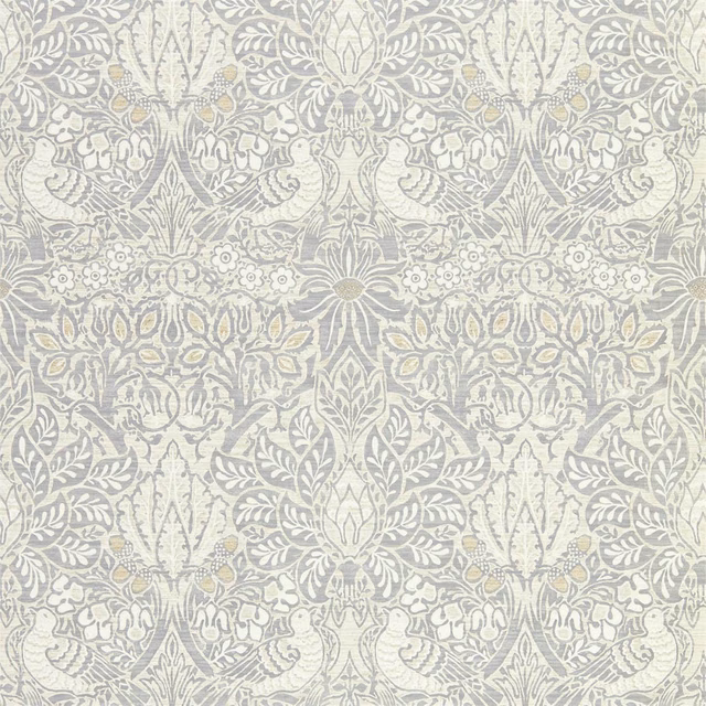 Pale dove-grey wallpaper with ivory Morris florals and muted blush details