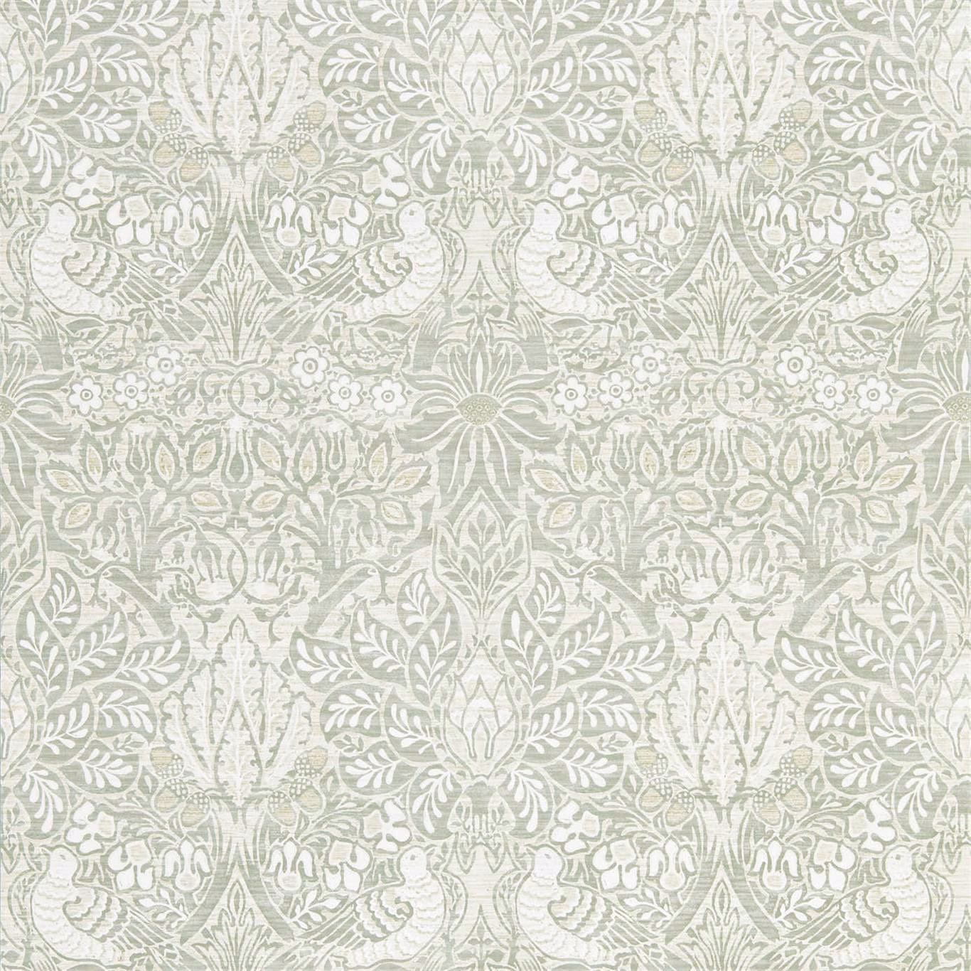 Pale dove grey-blue wallpaper with ivory Morris floral scrolls and paired birds