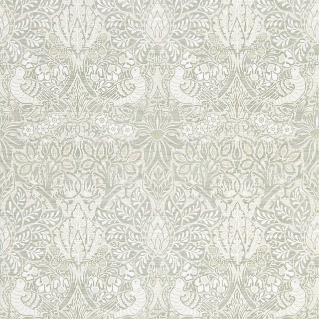 Pale dove grey-blue wallpaper with ivory Morris floral scrolls and paired birds