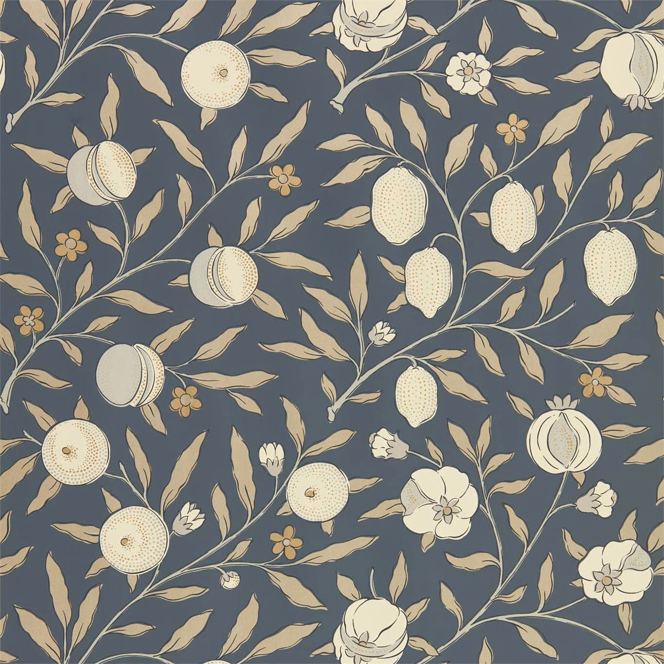 Black-ink wallpaper with cream fruit, ochre flowers and trailing tan foliage