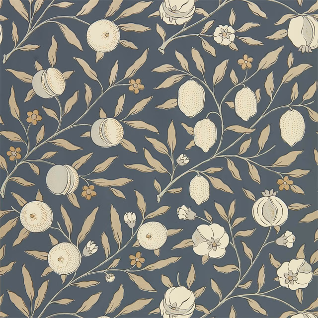 Black-ink wallpaper with cream fruit, ochre flowers and trailing tan foliage