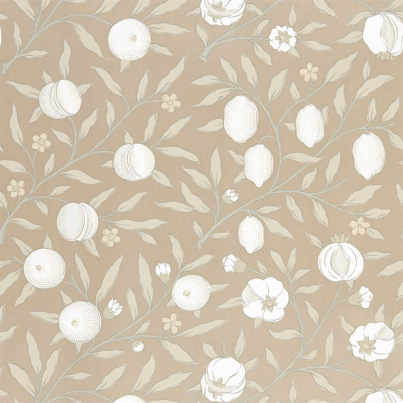 Ivory fruit and flowers on a warm taupe-beige botanical wallpaper ground