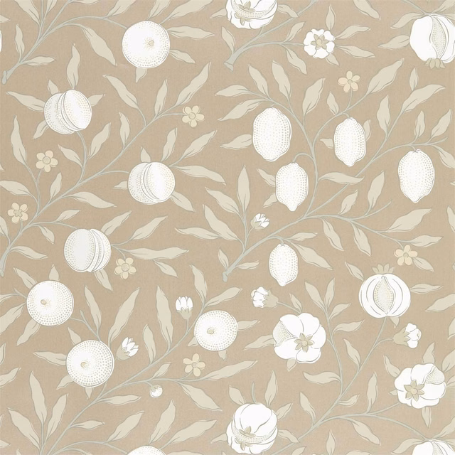 Ivory fruit and flowers on a warm taupe-beige botanical wallpaper ground