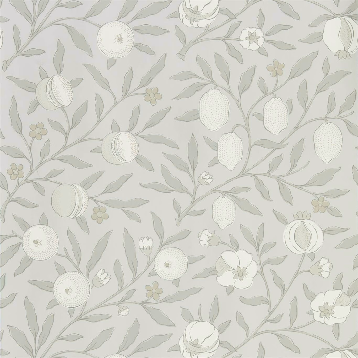 Pale grey-blue wallpaper with outlined citrus fruit, leafy stems and small flowers