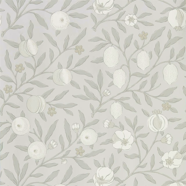 Pale grey-blue wallpaper with outlined citrus fruit, leafy stems and small flowers
