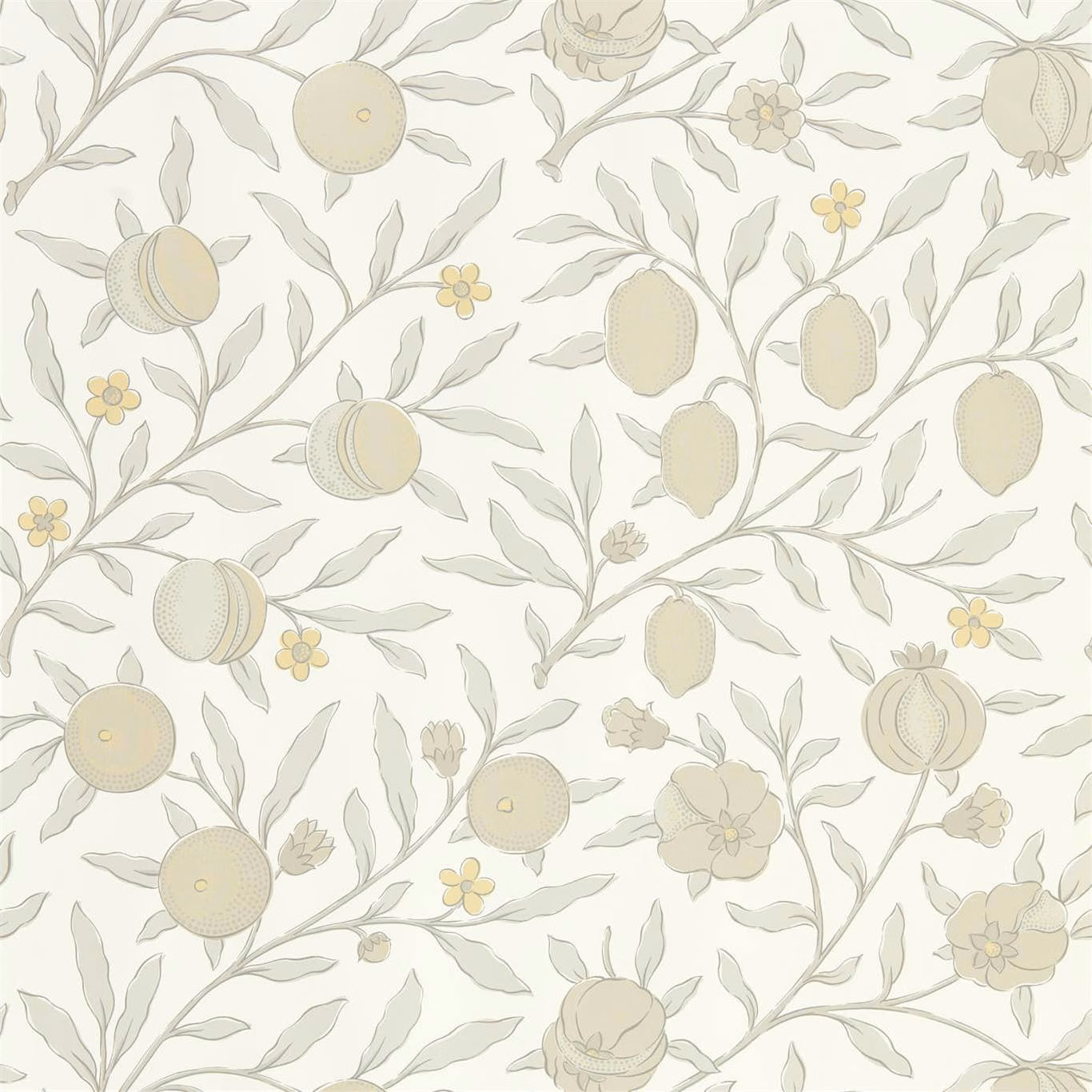 Pale grey botanical wallpaper with cream fruit, yellow flowers and scrolling leafy stems